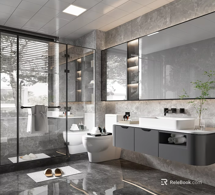 Modern Bathroom Interior With Glass Shower Large Mirror Grey Cabinets And Double Sinks 3d model 