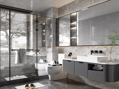 Modern Bathroom Interior With Glass Shower Large Mirror Grey Cabinets And Double Sinks 3d model
