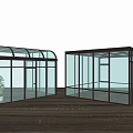 Modern Glass Enclosures With Arch Flat Roofs Black Frames Transparent Glass Wooden Flooring And Plant