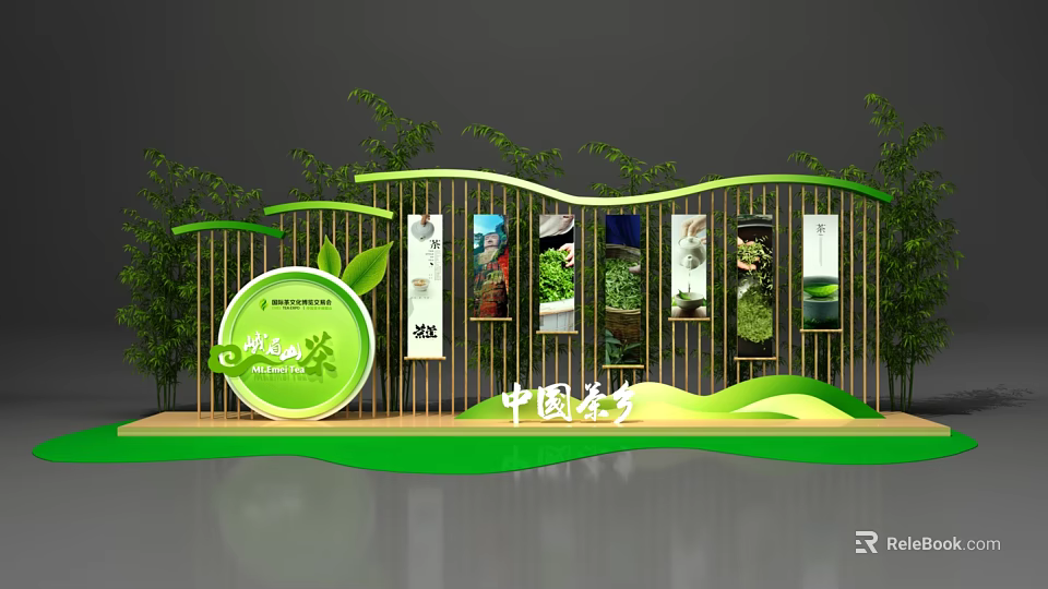 China France Themed Exhibition Booth With Green Design Bamboo Plants And Display Panels 3d model 