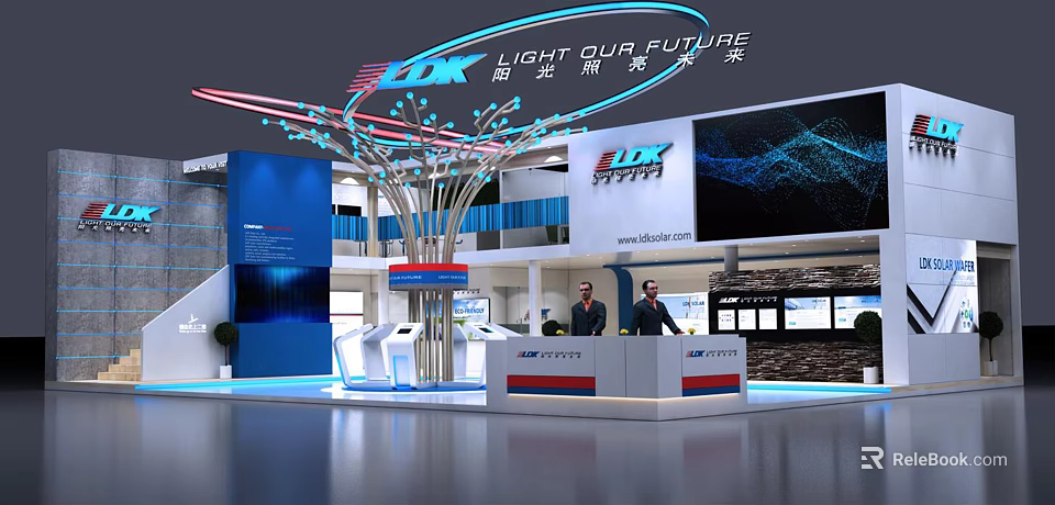 LDK Exhibition Booth Featuring Reception Desk Large Screen Tree Decoration And Light Our Future Theme 3d model 