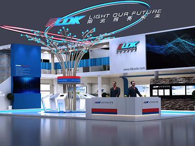 LDK Exhibition Booth Featuring Reception Desk Large Screen Tree Decoration And Light Our Future Theme 3d model