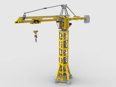 Yellow Tower Crane Model Made Of Building Blocks With Lifting Arm And Tall Structure 3d model
