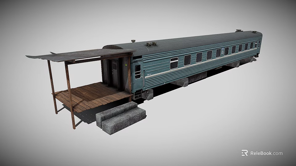 Vintage Passenger Train Carriage With Covered Wooden Platform And Steps 3d model 