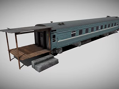 Vintage Passenger Train Carriage With Covered Wooden Platform And Steps 3d model