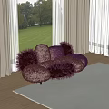 Puffy Burgundy Furry Two Seater Sofa in Room with Large Windows and Green Lawn