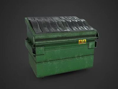 Green Trash Bin With Corrugated Lid And Yellow Warning Sign 3d model