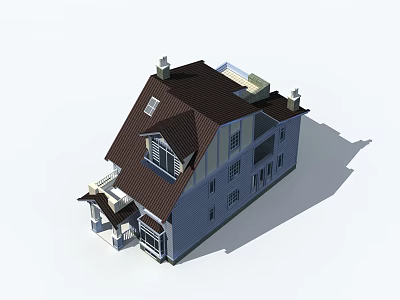Detached Villa With Dark Brown Roof Blue Exterior Multiple Windows And Chimneys 3d model