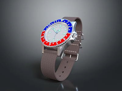 Stylish Watch with Brown Strap White Dial Red and Blue Bezel and Numerical Indices 3d model