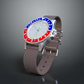 Stylish Watch with Brown Strap White Dial Red and Blue Bezel and Numerical Indices