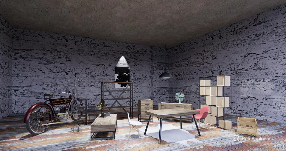 Vintage Interior With Gray Textured Walls Retro Bicycle Rocket Model And Wooden Shelves 3d model 