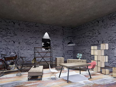 Vintage Interior With Gray Textured Walls Retro Bicycle Rocket Model And Wooden Shelves 3d model