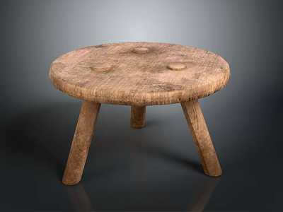 Rustic Wooden Stool With Round Top Three Legs And Natural Texture 3d model