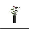 Beautiful Potted Plant With Green Leaves And Red Flowers In Gray Textured Cylindrical Pot