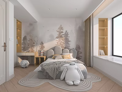 Cozy Kids Bedroom With Forest Mural Plush Toy And Shelves 3d model