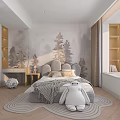 Cozy Kids Bedroom With Forest Mural Plush Toy And Shelves