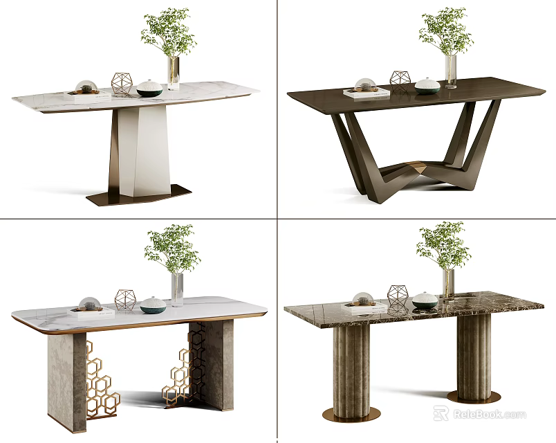 Modern Dining Tables With Marble Tops Decorative Plants And Varied Leg Designs 3d model 