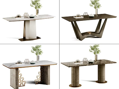 Modern Dining Tables With Marble Tops Decorative Plants And Varied Leg Designs 3d model