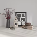 Modern Decorative Ornament Set With Gray Vase Red Berry Branches Abstract Sculpture And Geometric Frame