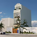 Elegant White Detached Villa With Balconies Palm Trees And Front Lawn