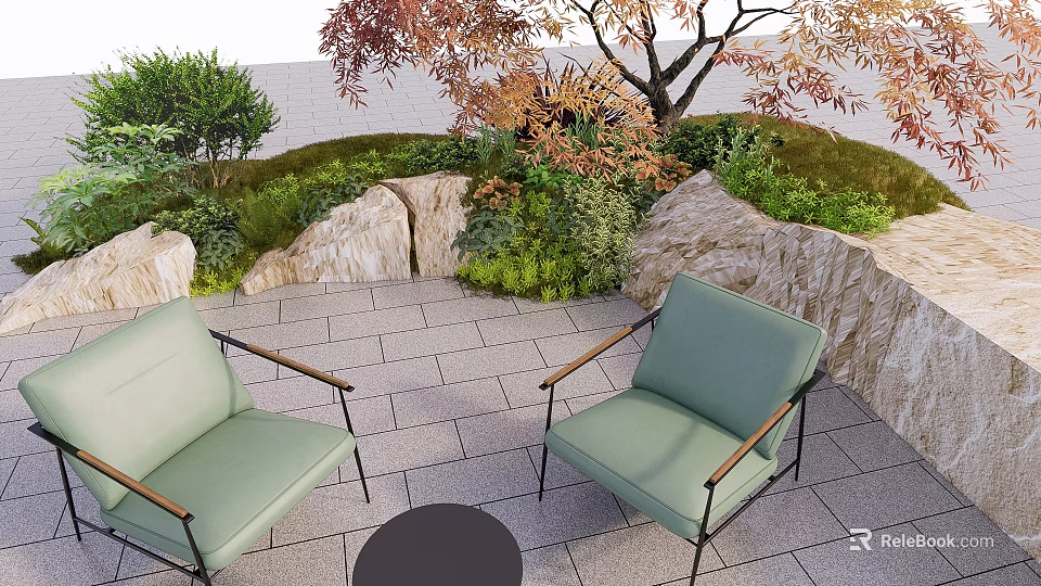 Garden Landscape Outdoor Seating With Green Armchairs Round Table Stone Pavement Rocks And Autumn Tree 3d model 