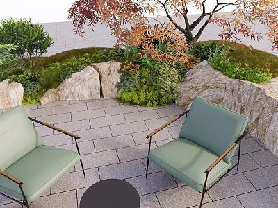 Garden Landscape Outdoor Seating With Green Armchairs Round Table Stone Pavement Rocks And Autumn Tree 3d model