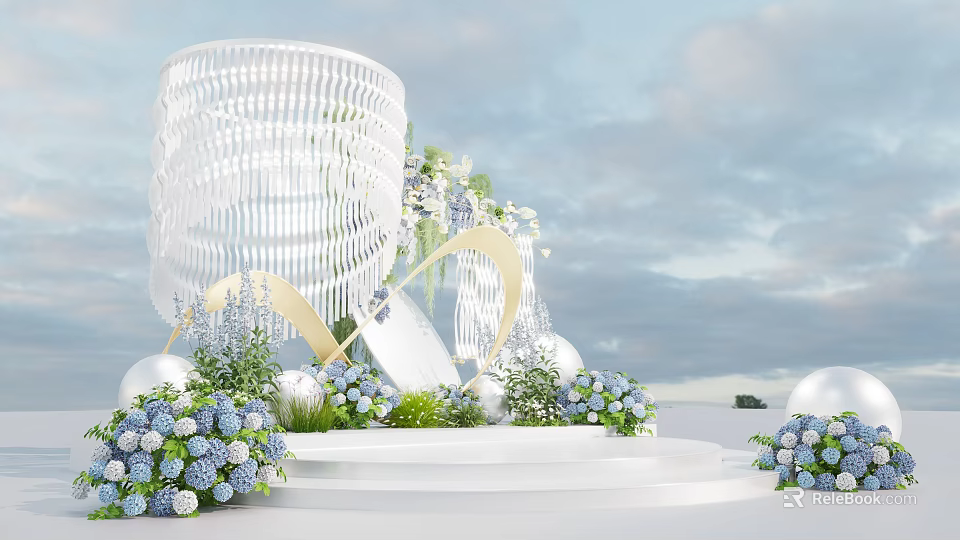 Elegant Wedding Stage Decoration With White Woven Cylinder Blue Flowers And Arched Accents 3d model 