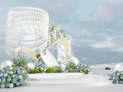 Elegant Wedding Stage Decoration With White Woven Cylinder Blue Flowers And Arched Accents 3d model