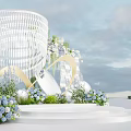 Elegant Wedding Stage Decoration With White Woven Cylinder Blue Flowers And Arched Accents