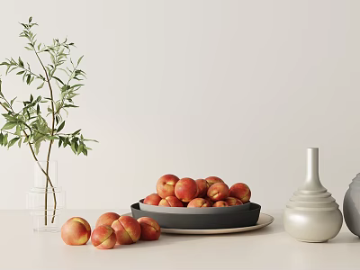 Stylish Decorative Ornament Set With Green Plant Peaches Plate And Modern Vases 3d model