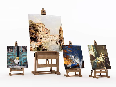 Wooden Easels With Multiple Artworks Various Themes Painting Supplies Display Setup 3d model