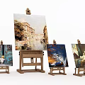 Wooden Easels With Multiple Artworks Various Themes Painting Supplies Display Setup