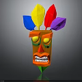 Tribal Mask Character With Colorful Feather Decorations Orange Body Green Eyes And Sharp Teeth
