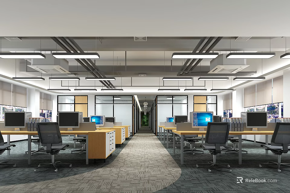 Modern Open Public Office Space with Desks Computers Office Chairs Large Windows and Ceiling Lights 3d model