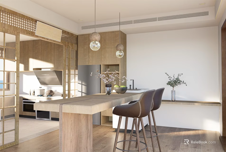 Modern Open Restaurant Interior With Wooden Island Counter Pendant Lights Brown Chairs And Plants 3d model 