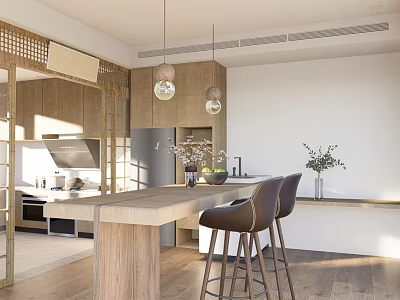 Modern Open Restaurant Interior With Wooden Island Counter Pendant Lights Brown Chairs And Plants 3d model