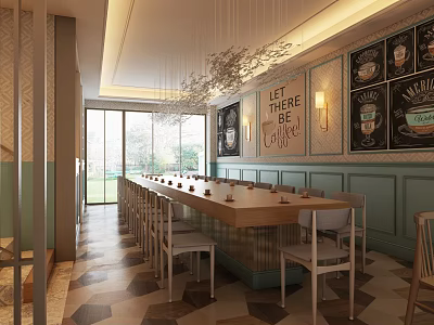 Modern Café Interior Design With Long Wooden Table Chairs Wall Decorations And Hanging Chandelier 3d model