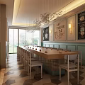 Modern Café Interior Design With Long Wooden Table Chairs Wall Decorations And Hanging Chandelier