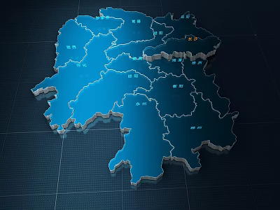 Blue 3D Administrative Map With Regional Divisions And Marked Locations 3d model