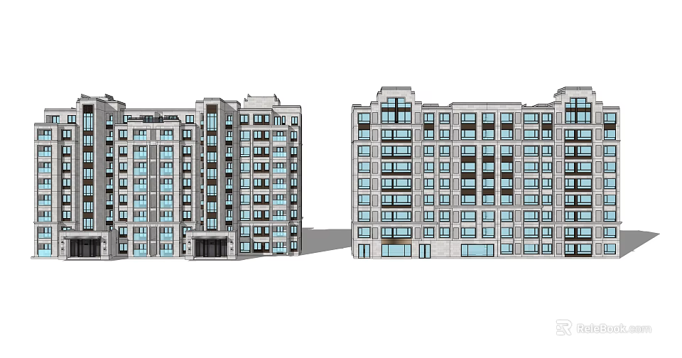 Modern Residential Building Exterior With Gray Facade Multiple Windows And Symmetric Design 3d model 