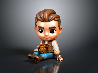 Cartoon Boy With Brown Hair Blue Pants And Brown Boots Sitting On Reflective Surface 3d model