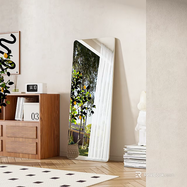 Full Length Floor Mirror Reflecting Green Plants White Curtains In Interior With Wooden Cabinet 3d model 