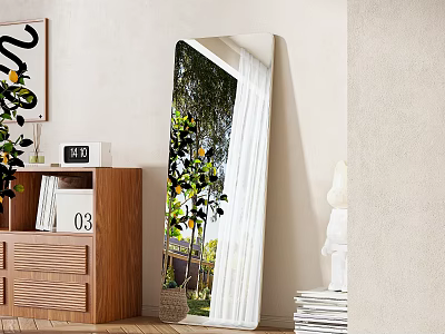 Full Length Floor Mirror Reflecting Green Plants White Curtains In Interior With Wooden Cabinet 3d model