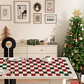 Festive Christmas Restaurant Dining Table Setup With Checkered Tablecloth Gifts And Small Trees