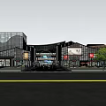 Vibrant Commercial Street With Modern Buildings Open Areas And Tree Surroundings