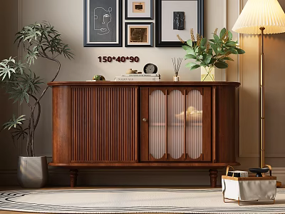Wooden Sideboard With Ribbed Glass Doors And Green Plants Wall Art In Living Room Interior 3d model