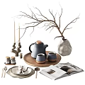 Decorative Ornament Set With Teapot Teacups Wooden Tray Vase Twigs Candles And Magazine