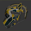 Futuristic Robotic Helmet With Gray Yellow Blue Geometric Design And Sleek Metallic Surface