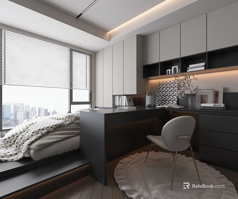 Tatami Bedroom Modern Interior Design With City View Window Built in Desk And Storage Cabinets 3d model 