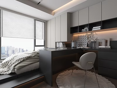 Tatami Bedroom Modern Interior Design With City View Window Built in Desk And Storage Cabinets 3d model